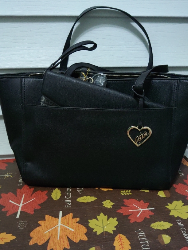 Bebe Black Tote With Logo Print Clutch And Gold Accent